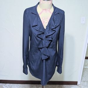 Ann Taylor Silk Long Sleeve Ruffle Top Blue business casual blouse